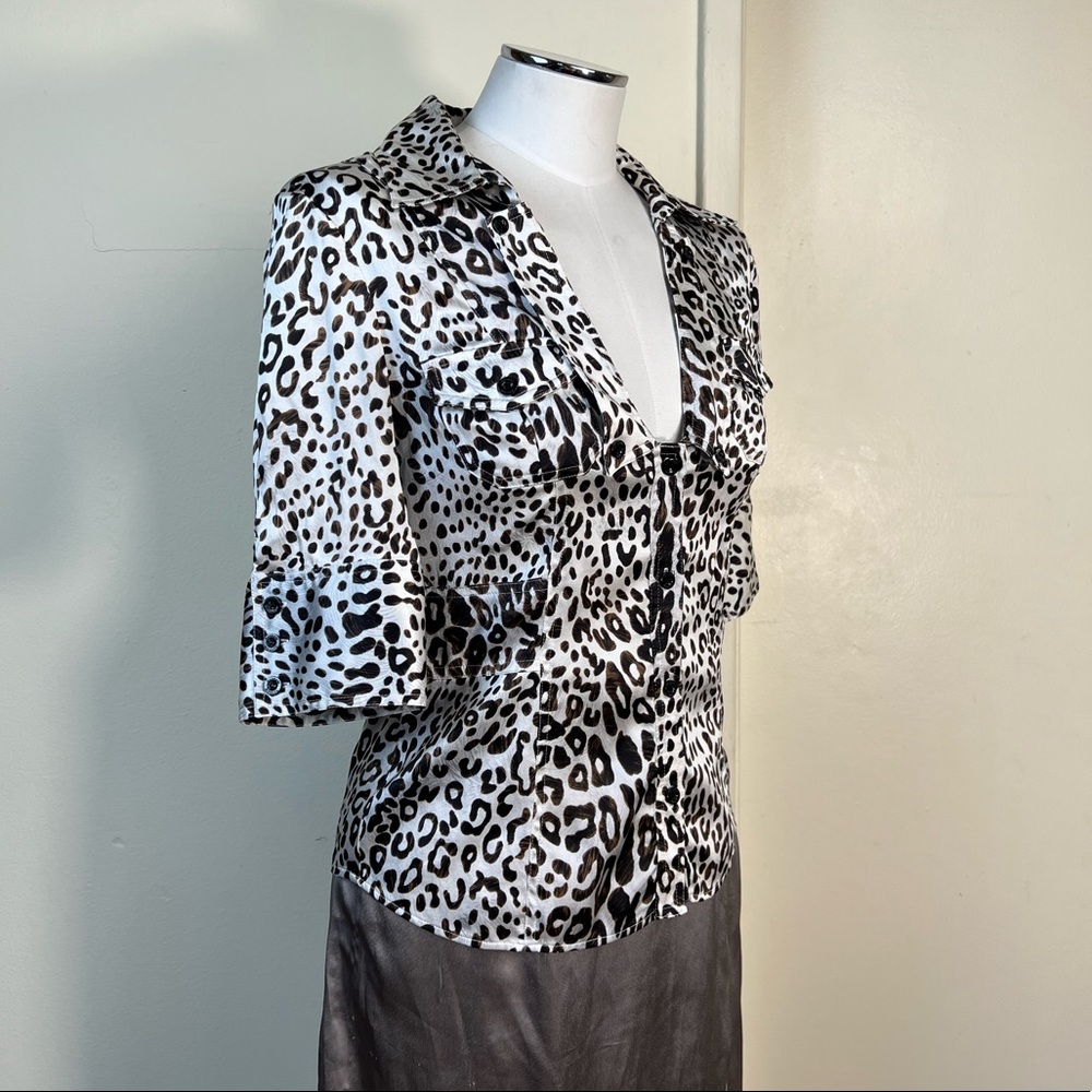 Y2K White Animal Print 1/2 Sleeve Silk Button Up Blouse by Marciano - Picture 3 of 8